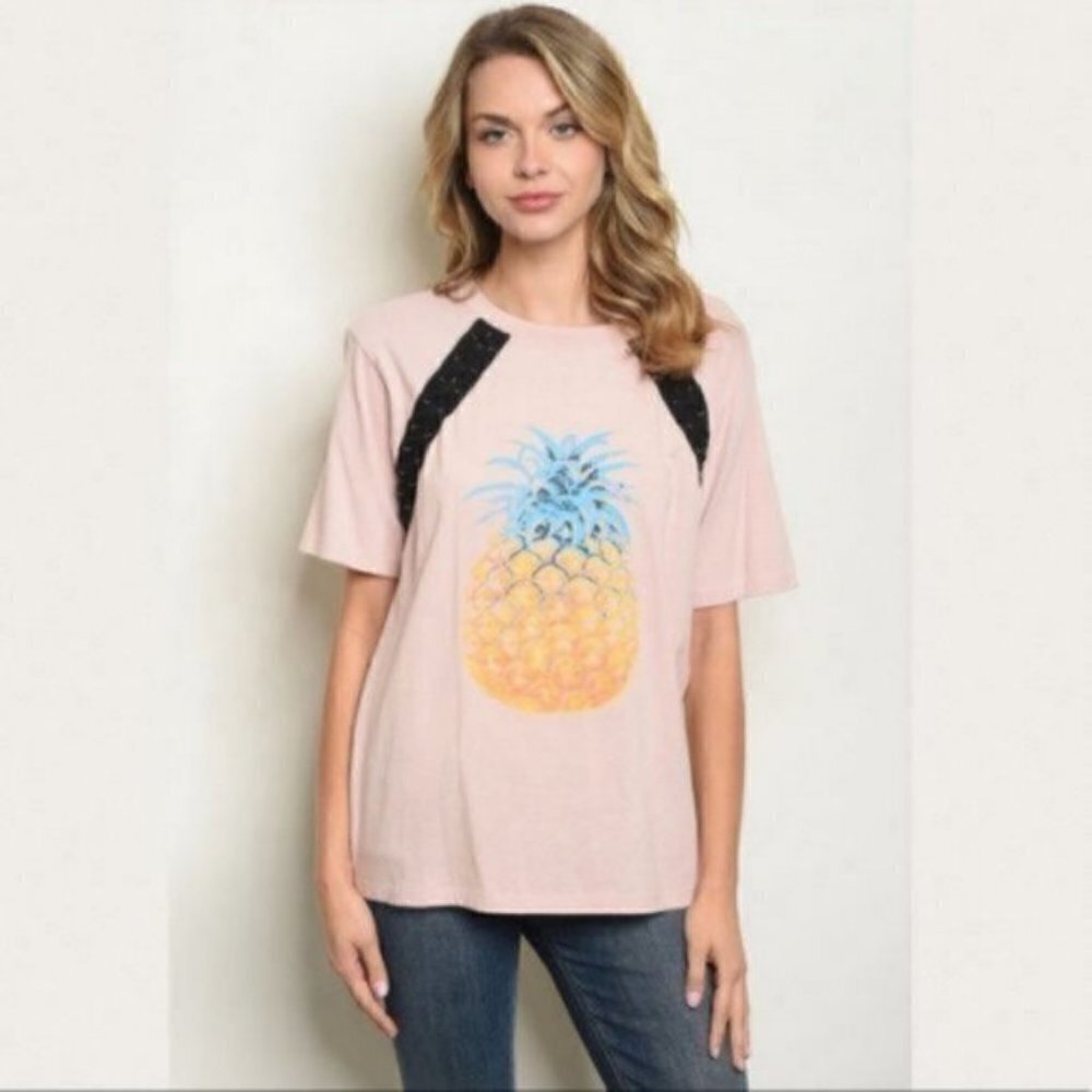 3/$15 Short Sleeve Lace Up Detail Pineapple Print Top - Picture 2 of 6